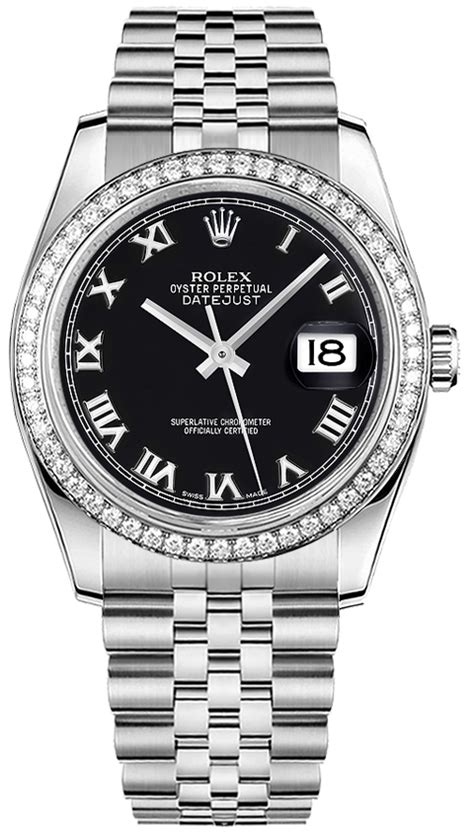 rolex datejust 36 black roman numeral dial watch 116244|Rolex 36mm Datejust with diamonds.